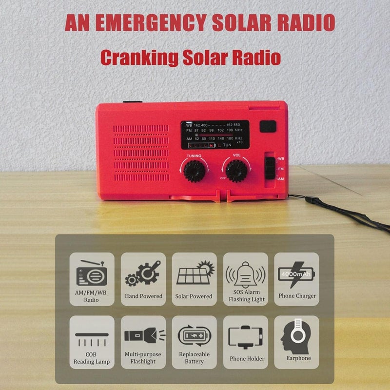 ويوبلز راديو يعمل بالطاقة الشمسية، بطارية 4000 مللي أمبير، راديو طوارئ NOAA للأحوال الجوية، مصباح يدوي، بنك طاقة محمول، منبه SOS، راديو AM/FM، ومصباح LED للطوارئ الخارجية - Image 3